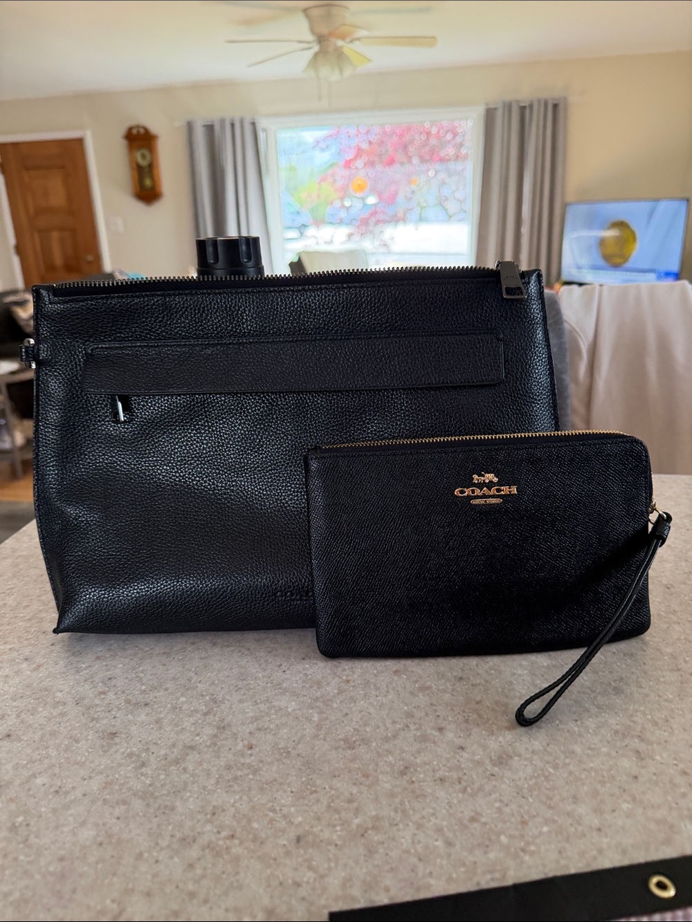 Coach Black Pebbled Leather Toiletry Bag with Matching Wristlet